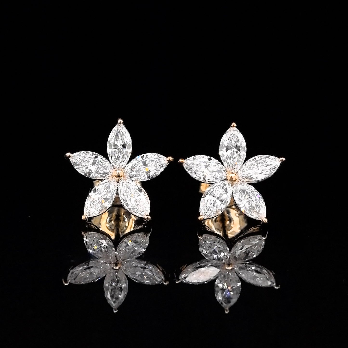 9k Y/Gold, 10= 2,10ct Floral Marquise Cut Lab Grown Diamond Stud Earrings