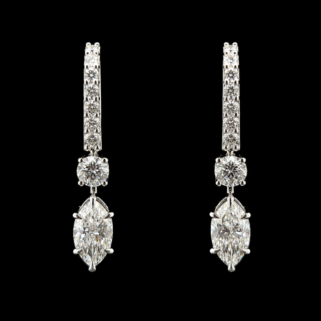 9k W/Gold, 18= 2.42ct Marquise & Round Brilliant Cut Lab Grown Diamond Dangle Earrings