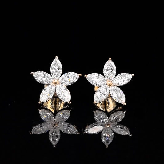 9k Y/Gold, 10= 2,10ct Floral Marquise Cut Lab Grown Diamond Stud Earrings