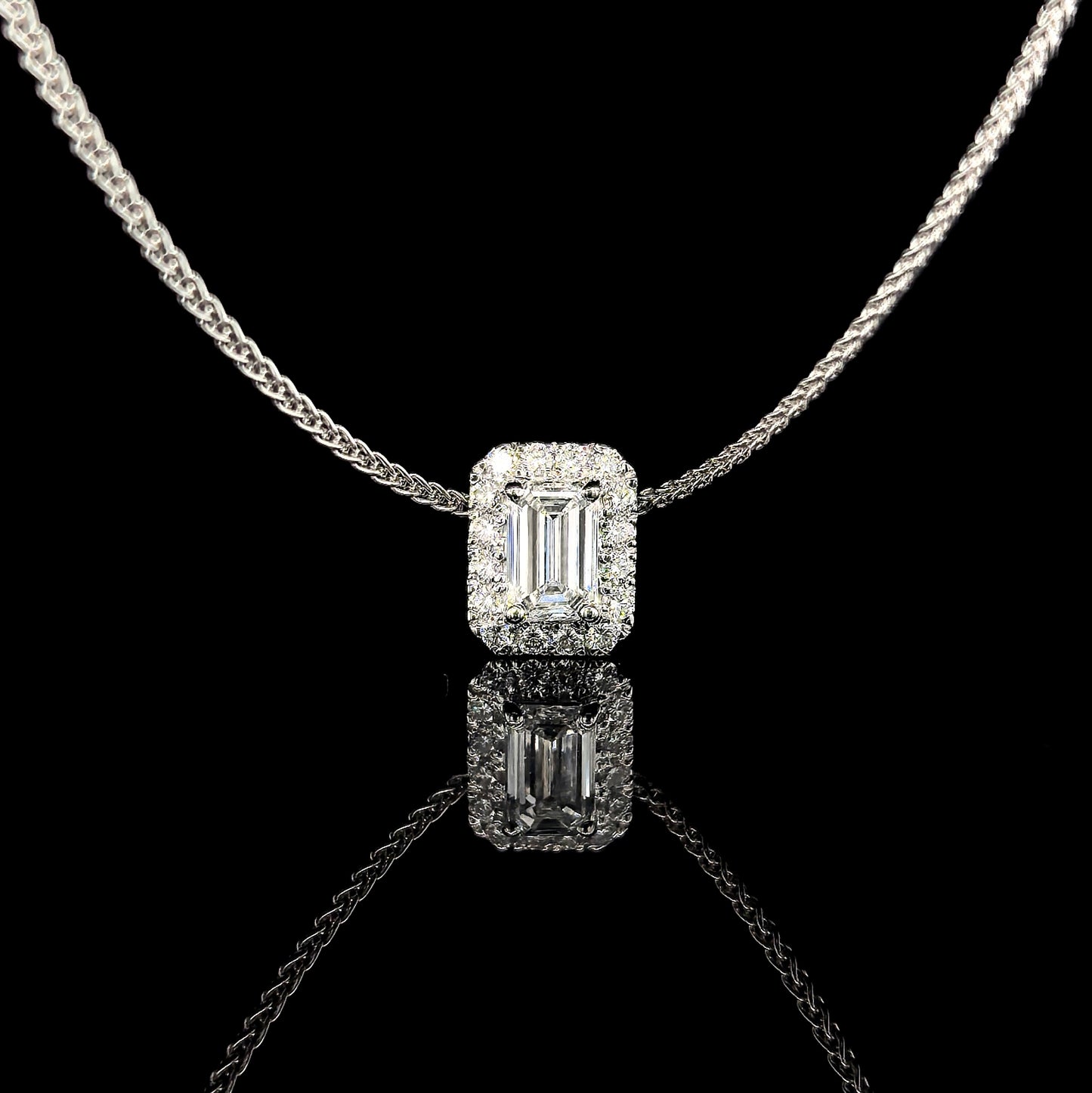 18k W/Gold, 0.30ct Emerald Cut Diamond Halo Convertible Ring / Pendant