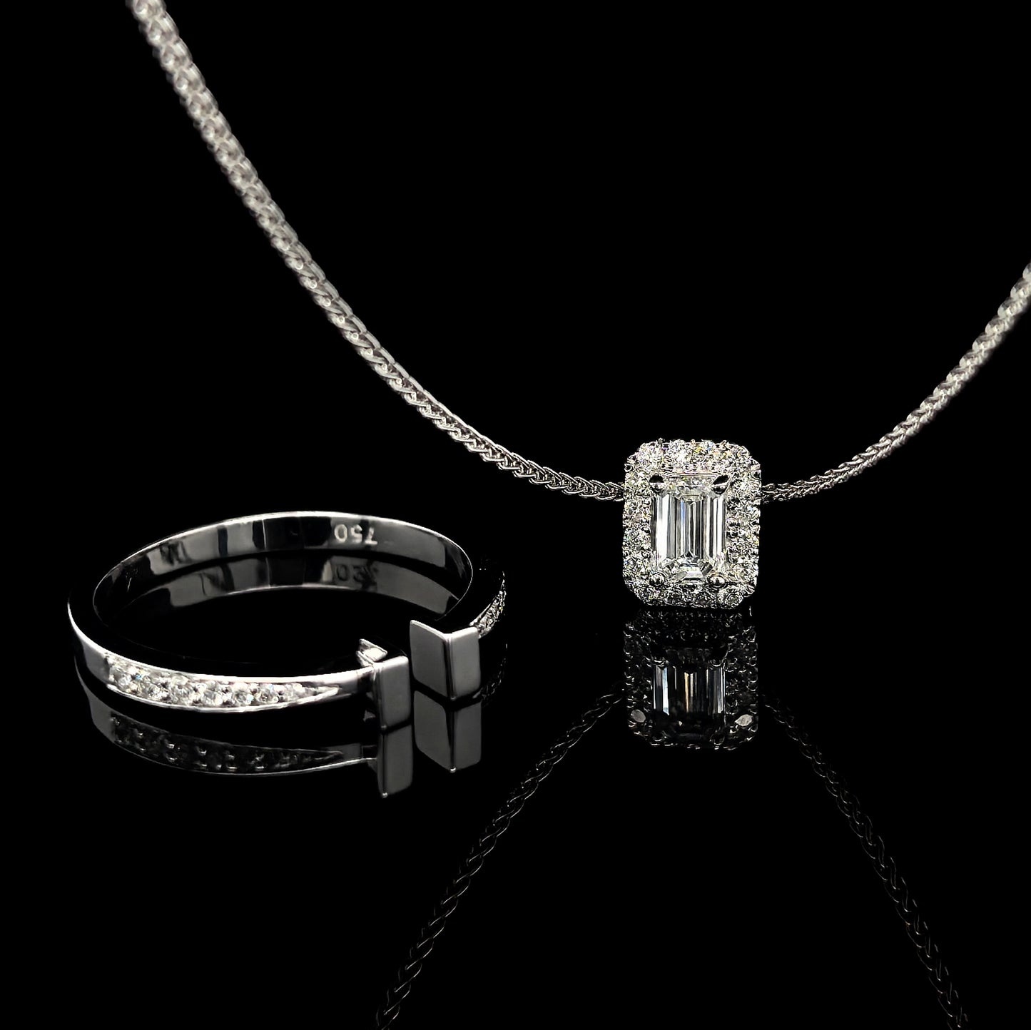18k W/Gold, 0.30ct Emerald Cut Diamond Halo Convertible Ring / Pendant