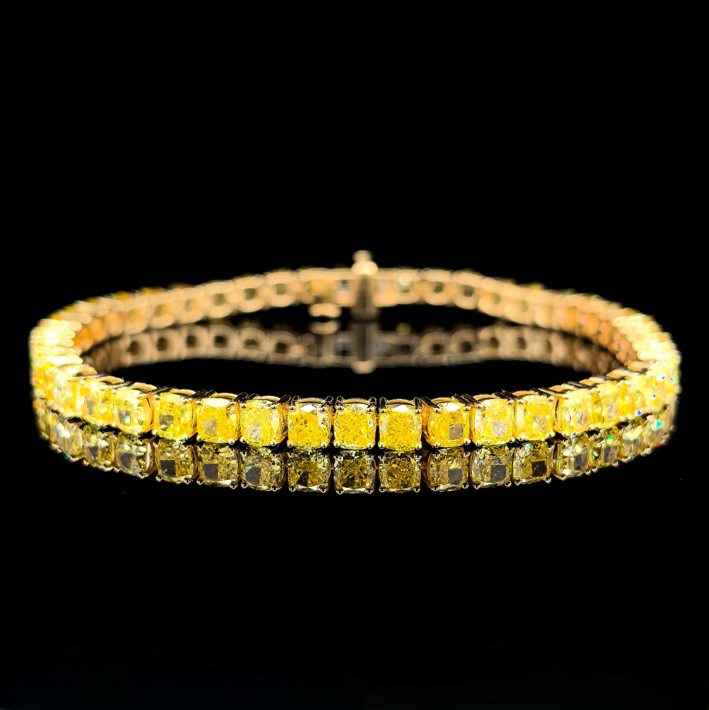 9k Y/Gold, 48= 14.082ct Square Cushion Fancy Emerald Lab Grown Diamond Tennis Bracelet