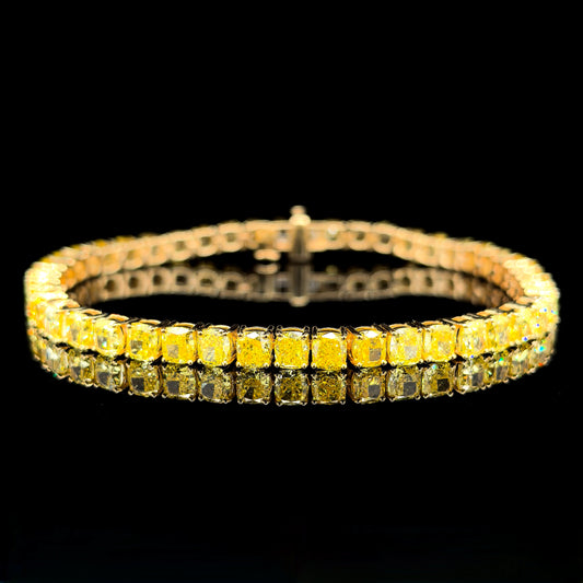 9k Y/Gold, 48= 14.082ct Square Cushion Fancy Emerald Lab Grown Diamond Tennis Bracelet