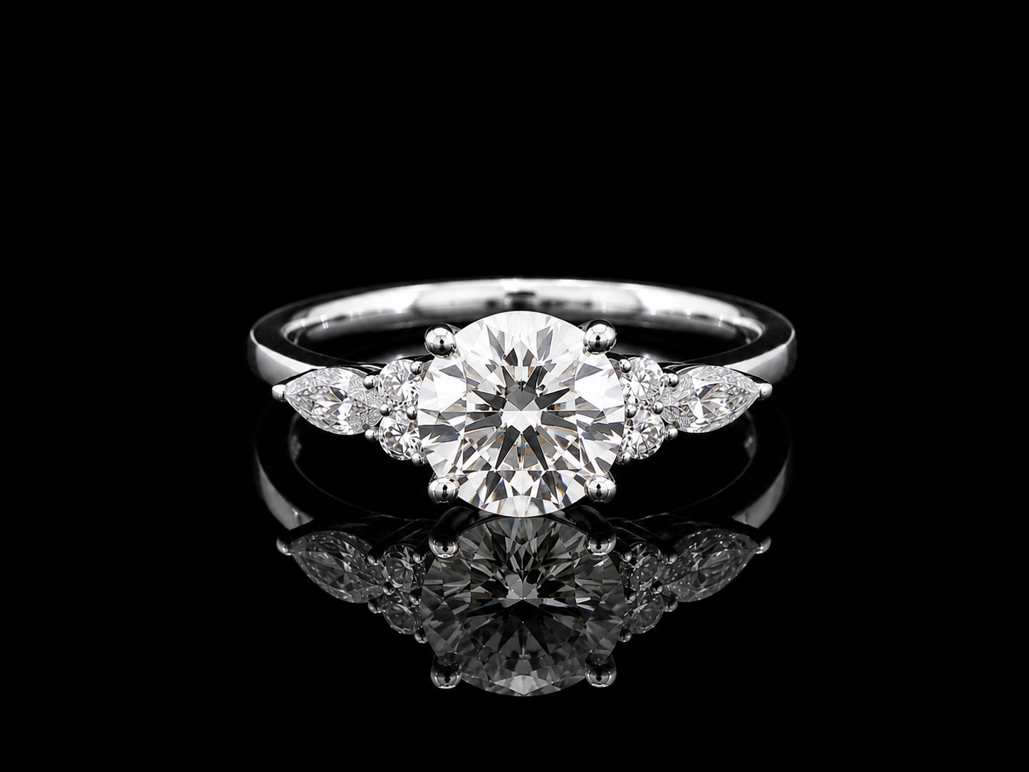 9K W/Gold, Round Brilliant & Pear Shape Lab Grown Diamond Trilogy Ring