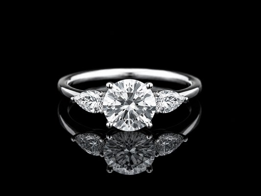 9K W/Gold, Round Brilliant & Pear Shape Lab Grown Diamond Trilogy Ring
