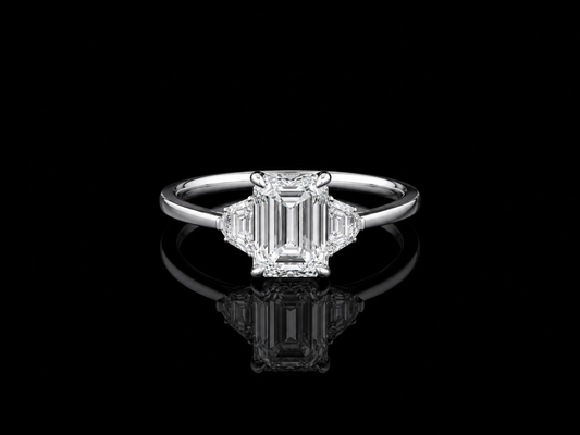 9K W/Gold, Emerald & Trapezoid Cut Lab Grown Diamond Trilogy Ring