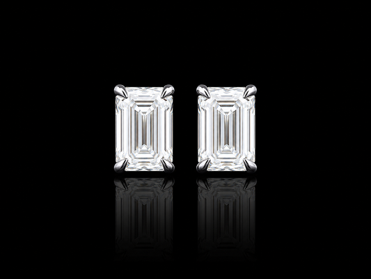9K W/Gold, Emerald Cut Lab Grown Diamond Stud Earrings